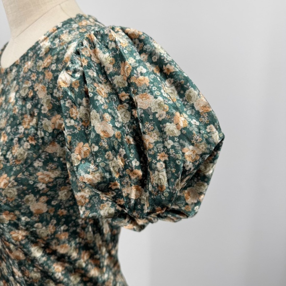 MABLE Dress Small Green Floral Velvet Puff Sleeve Midi Cottagecore Romantic - Picture 7 of 13